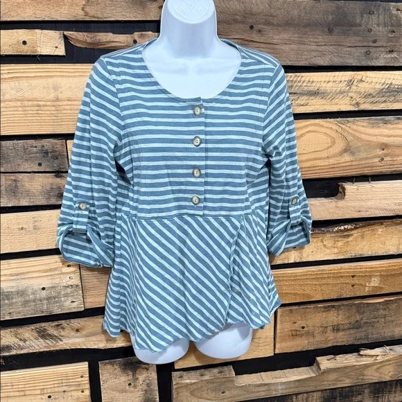 Soft Surroundings Preston Stripe Top Size XS Roll Tab Sleeves Wrap Peplum - Picture 3 of 7